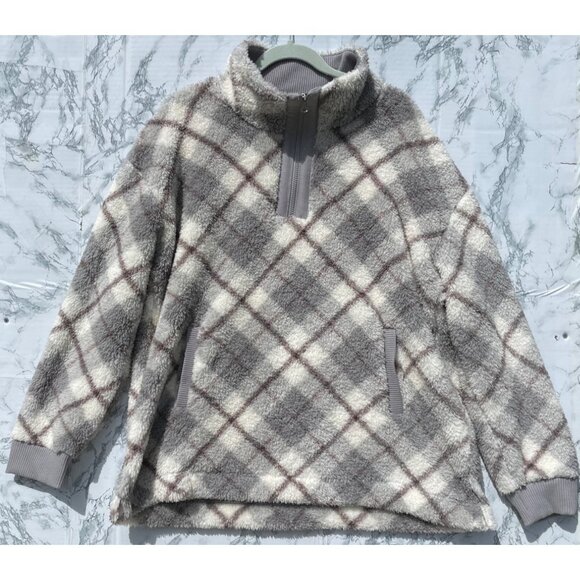 Maurices Womens XXL Plaid Fleece Pullover Sweater Gray White Quarter Zip - Picture 1 of 7